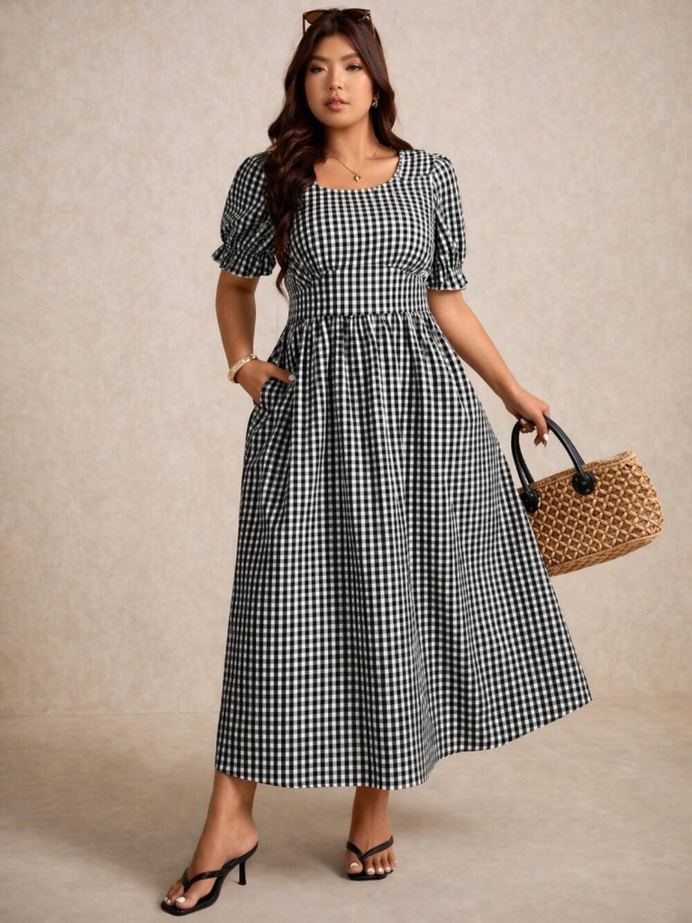 Gingham Black & White Midi Dress | Size 0XL | Puff Sleeve Cottagecore